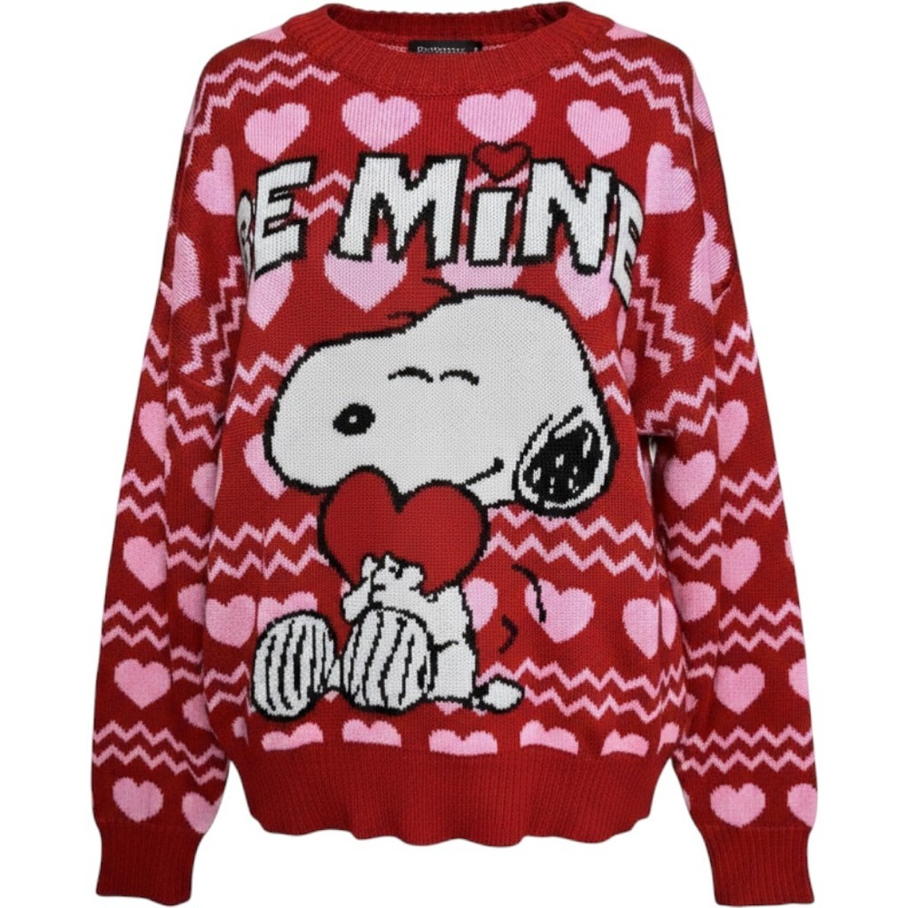 Peanuts Snoopy Be Mine Valentines Day Heart Knit Sweater Red Pink Large Womens